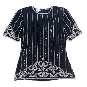 Stenay Vintage Silk Beaded Sequin‎ Top Blouse Black Silver Party Cocktail Size S